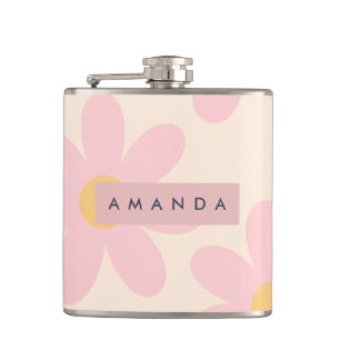 Personalisierte Retro-Rosa Gänseblümchen-Blumen Flachmann