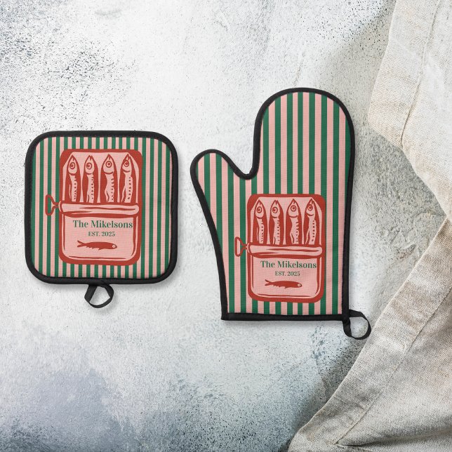 Personalisierte Retro Sardine Tin Streifen Ofenhandschuh & Topflappen-Set (Von Creator hochgeladen)