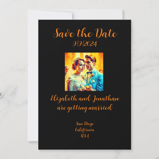 Personalisierte Retro Save the Date Hochzeitskarte (Vorderseite)