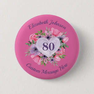 Personalisierte Rosa 80. Geburtstagskarte Button