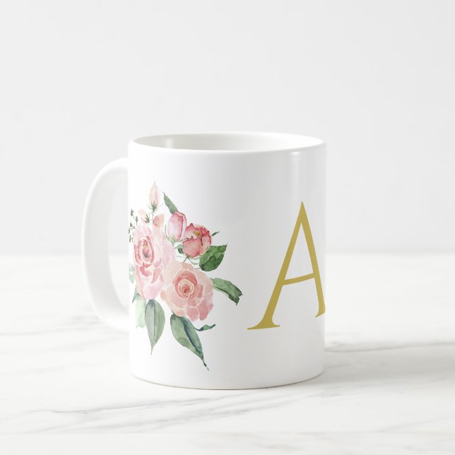 Personalisierte rosa Aquarellfarben Rose Kaffeetasse (Vorderseite Links)