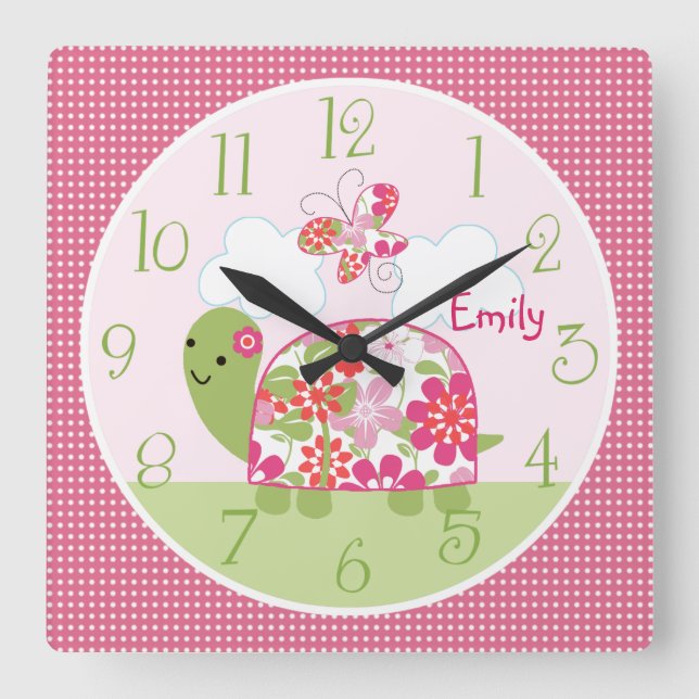 Personalisierte rosa Blume Turtle/Butterfly Uhr (Vorderseite)
