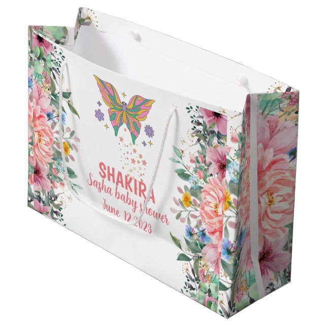 Personalisierte, rosa Blütendusche, Schmetterlings Große Geschenktüte (Vorderseite Schrägansicht)