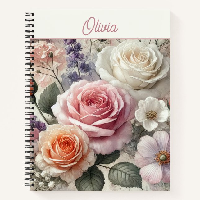 Personalisierte rosa Creme Orange Wasserfarbe Rose Notizbuch (Vorderseite)