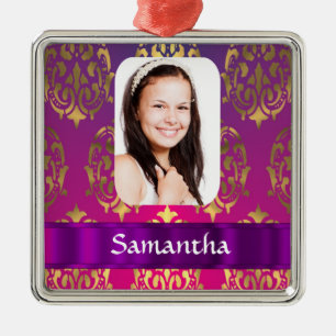 Personalisierte rosa Damaskachel Silbernes Ornament