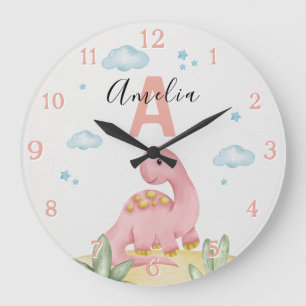 Personalisierte rosa Dinosaurier-Kinderzimmer-Groß Große Wanduhr