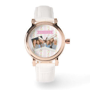 Personalisierte rosa feminine kokette florale gest armbanduhr
