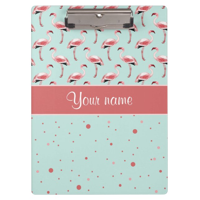 Personalisierte rosa Flamingo-Polka-Punkte Klemmbrett (Vorderseite)