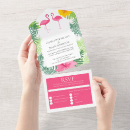 Personalisierte rosa Flamingo Tropische Hochzeit All In One Einladung