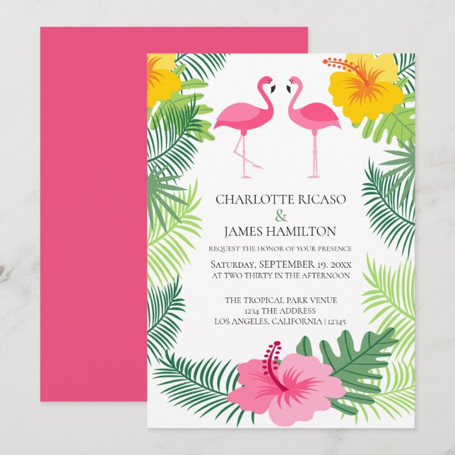 Personalisierte rosa Flamingo Tropische Hochzeit Einladung (Vorne/Hinten)