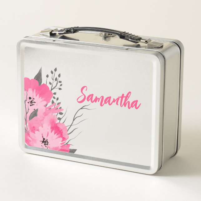 Personalisierte Rosa Floral Metal Lunch Box (Rückseite)
