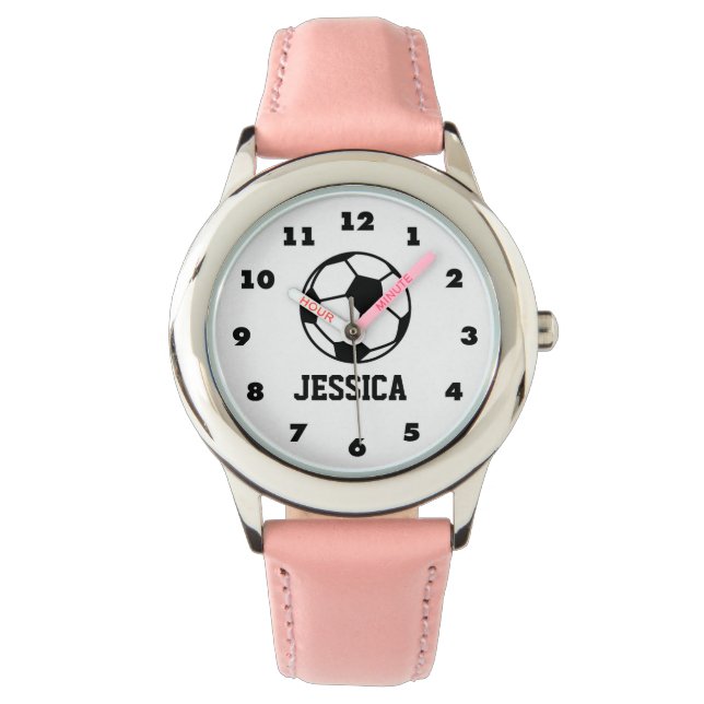 Personalisierte rosa Fußball-Uhr für Mädchen Armbanduhr (Vorderseite)