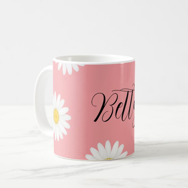 Personalisierte rosa Gänseblümchen-Blume  Kaffeetasse (Vorderseite Links)