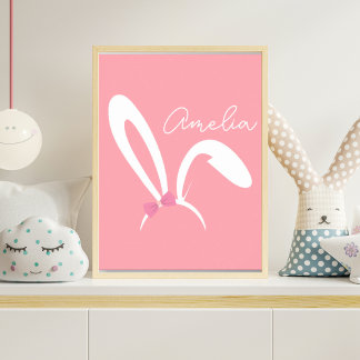Personalisierte rosa Hasen-Kinderzimmer-Wandkunst Poster