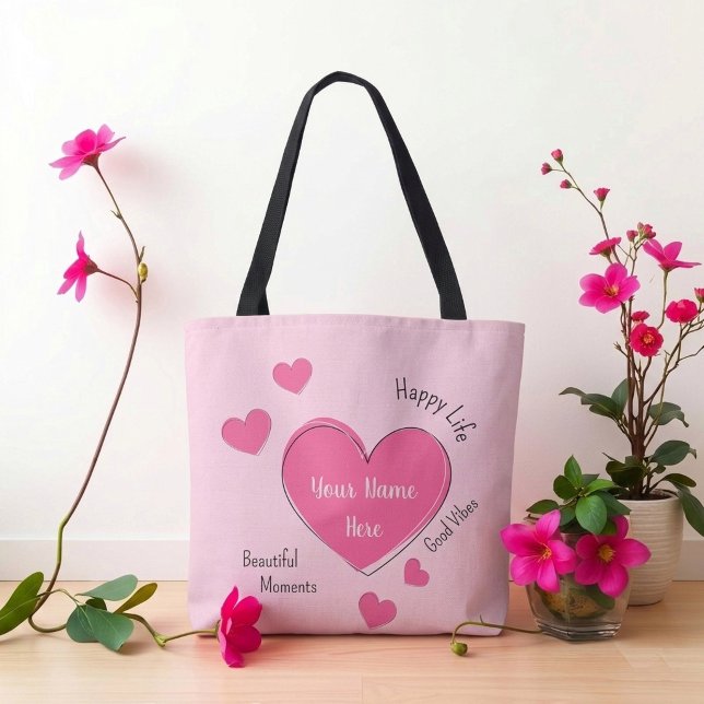 Personalisierte rosa Herzen-Tasche Tasche (Fully customizable pink hearts tote bag with editable text)