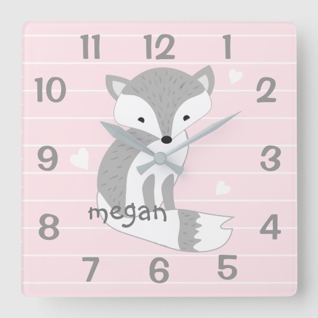 Personalisierte, rosa Holzfuchs-Kinderzimmer-Uhr Quadratische Wanduhr (Vorderseite)