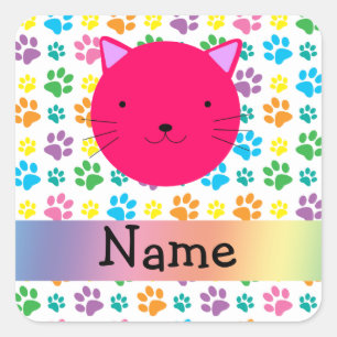 Personalisierte rosa Katzenregenbogennamenstatzen Quadratischer Aufkleber