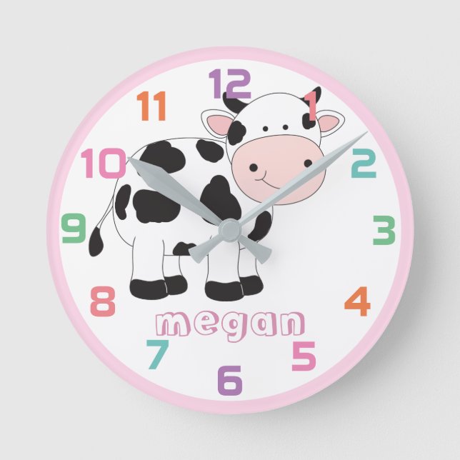 Personalisierte rosa Kuh farbige Kids Wall Clock Runde Wanduhr (Vorderseite)