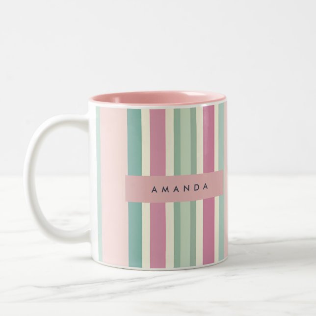 Personalisierte Rosa Minze Pastellstreifen Zweifarbige Tasse (Links)