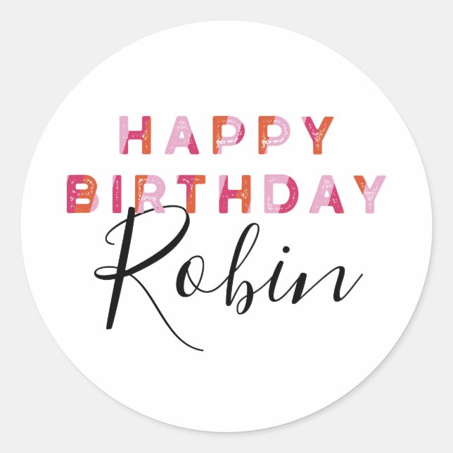 Personalisierte Rosa Orange Letters Happy Birthday Runder Aufkleber (Vorderseite)