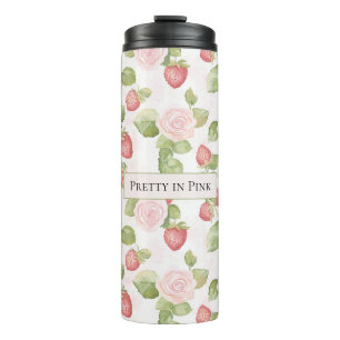 Personalisierte rosa Rosen Erdbeeren Thermosbecher
