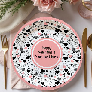 Personalisierte rosa schwarze Herzen Skizze Valent Pappteller
