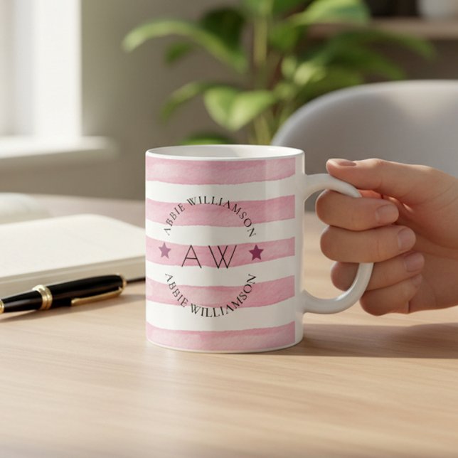 personalisierte rosa Streifen mit Monogramm Kaffeetasse (Von Creator hochgeladen)