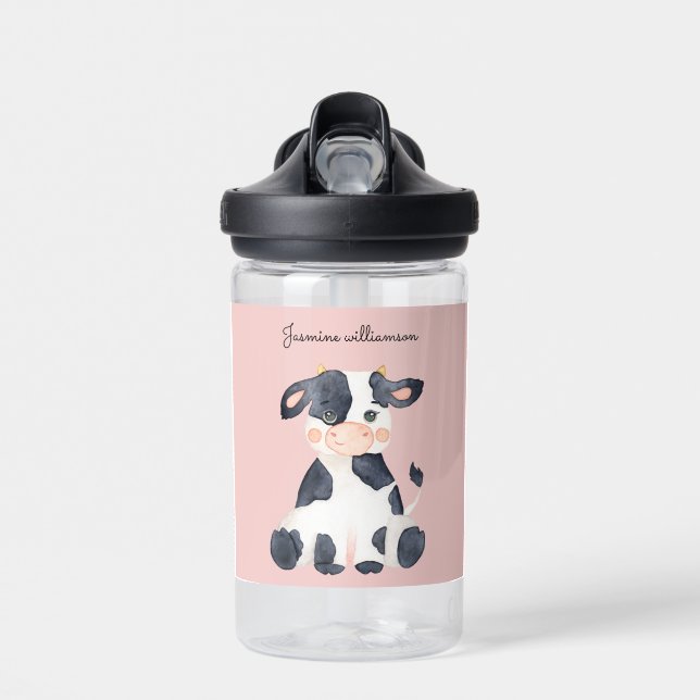 Personalisierte, rosa, trendige Aquarellkuh Trinkflasche (Vorne)