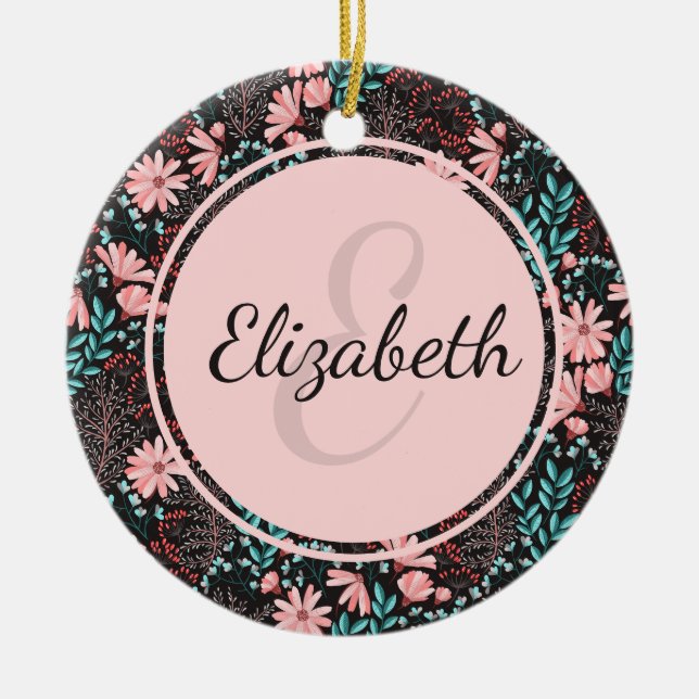 Personalisierte Rosa und Aquamarine dunkle Blüte Keramik Ornament (Vorne)