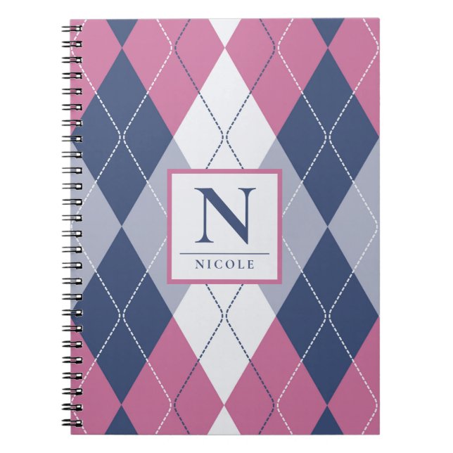 Personalisierte rosa und blaue Preppy-Raute Notizblock (Vorderseite)