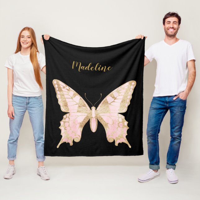 Personalisierte Rosa- und Goldschmetterlinge Fleecedecke (Beispiel)