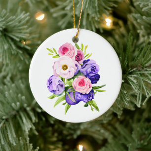 Personalisierte Rosa- und Purpurblumen Weihnachten Keramik Ornament