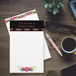 Personalisierte Rosa und Schwarze Flora Briefpapier