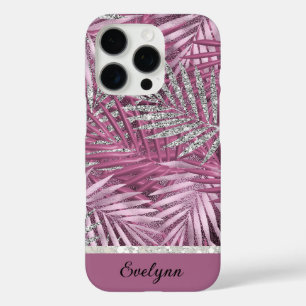 Personalisierte Rosa- und Silberpalmen für Glitzer iPhone 16 Pro Hülle