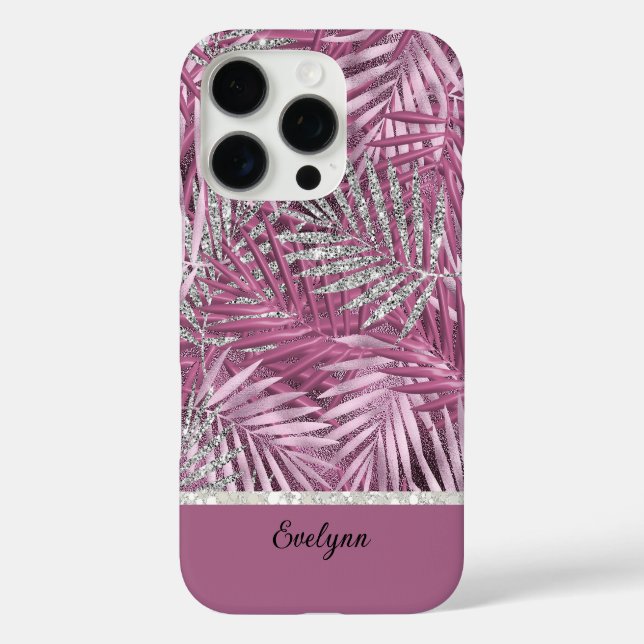 Personalisierte Rosa- und Silberpalmen für Glitzer iPhone 16 Pro Hülle (Rückseite)
