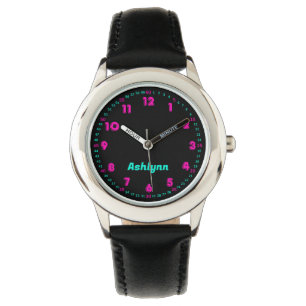 Personalisierte rosa und türkisfarbene Zeit-Lehr-U Armbanduhr