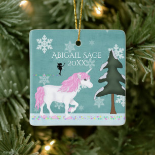Personalisierte Rosa und Weiße Einhorn und Fairy Keramikornament