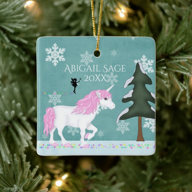 Personalisierte Rosa und Weiße Einhorn und Fairy Keramikornament (Baum)