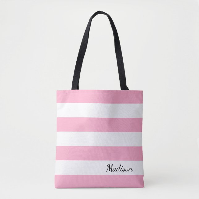 Personalisierte rosa und weiße gestreifte Tasche (Vorderseite)