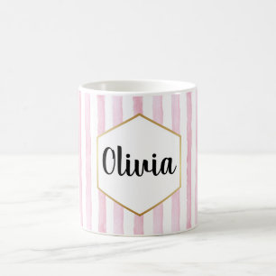 Personalisierte rosa und weiße Streifen Kaffeetasse