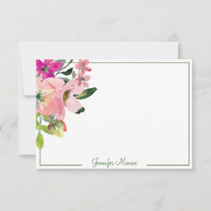 Personalisierte rosa Wasserfarbenblumen  Mitteilungskarte