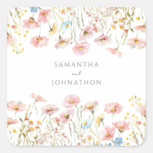 Personalisierte rosa Wildblumen-Aquarell-Hochzeit Quadratischer Aufkleber
