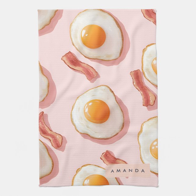 Personalisierte, rosafarbene Eier und Bacon-Muster Geschirrtuch (Vertikal)