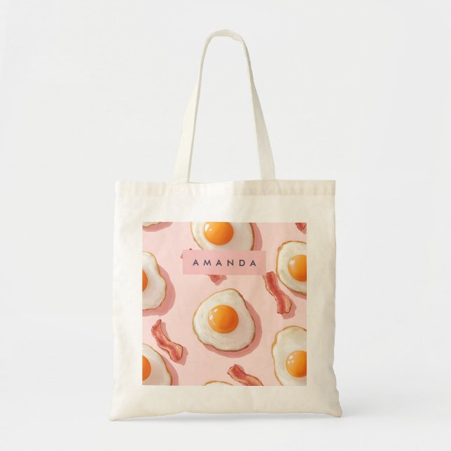 Personalisierte, rosafarbene Eier und Bacon-Muster Tragetasche (Vorne)