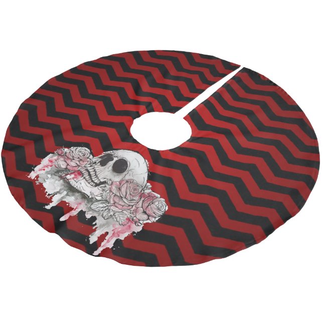 Personalisierte Rose des Rockschädels Zickzack Polyester Weihnachtsbaumdecke (Schrägansicht)