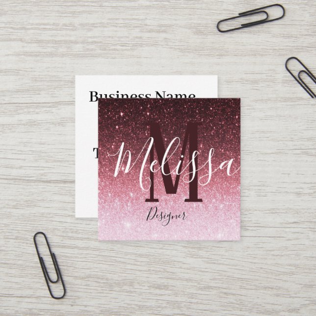 Personalisierte Rose Glitzer Quadratische Visitenkarte (Vorderseite/Rückseite Beispiel)