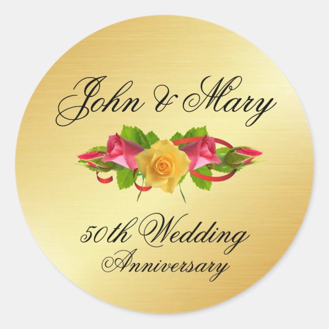 Personalisierte Rose & Gold 50 Jahre Hochzeit Runder Aufkleber (Vorderseite)