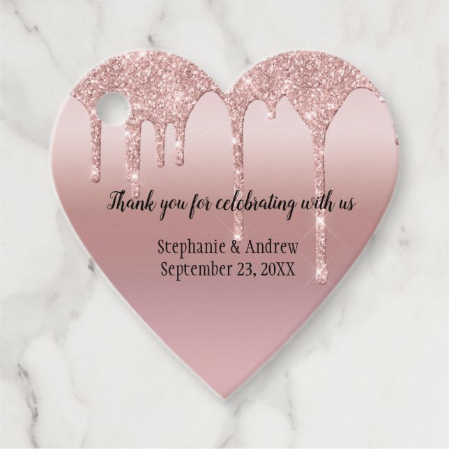 Personalisierte Rose Gold Dripping Glitzer Hochzei Geschenkanhänger (Vorderseite)