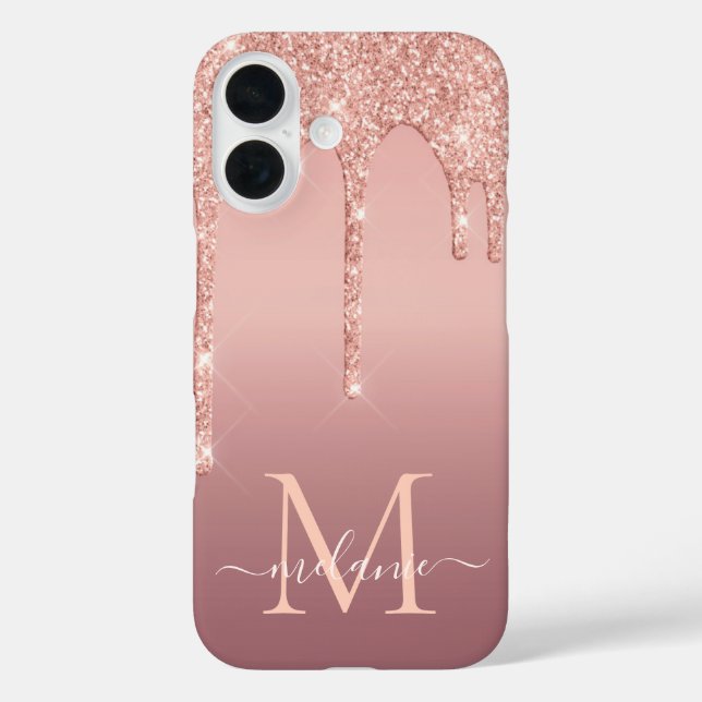 Personalisierte Rose Gold Glitzer iPhone Fall 16 Hülle (Rückseite)