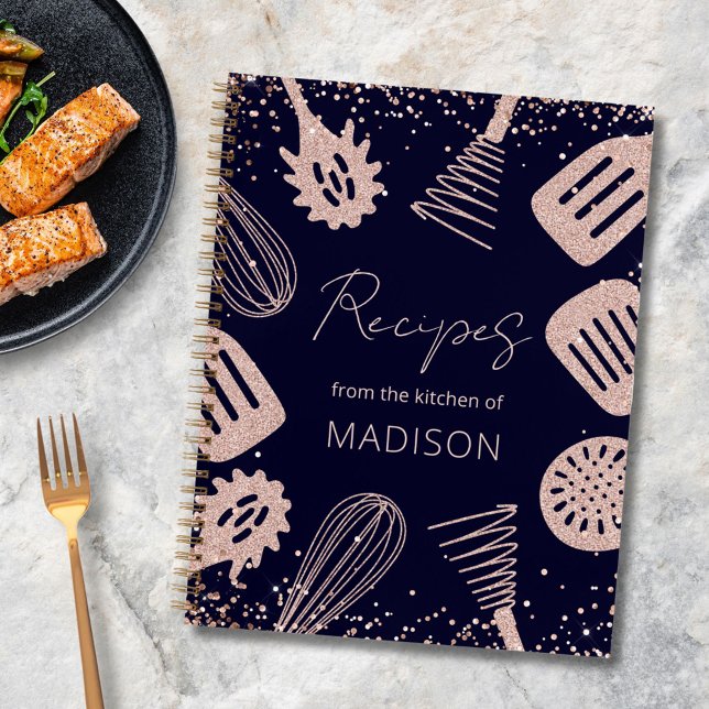 Personalisierte Rose Gold Glitzer Kochbuch Notizbuch (In situ)